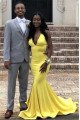 Simple Yellow Open Back V-Neck Mermaid Prom Dresses