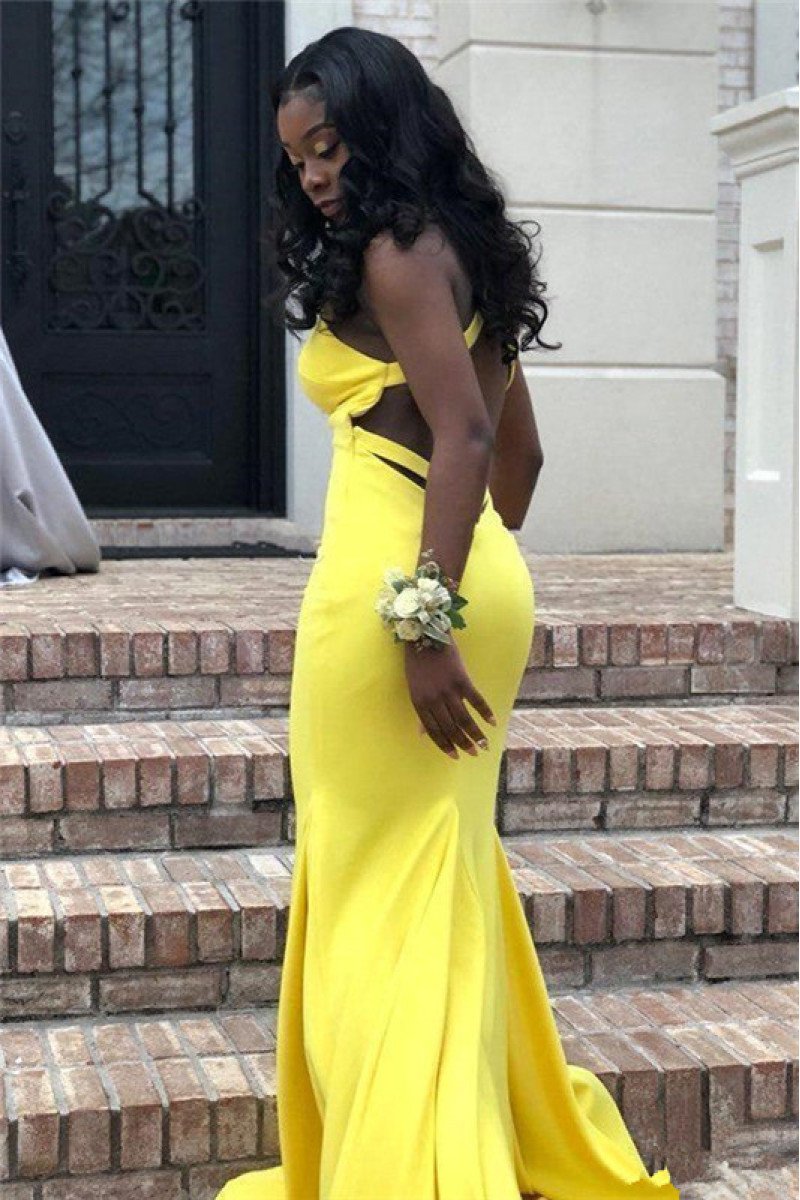 Simple Yellow Open Back V-Neck Mermaid Prom Dresses