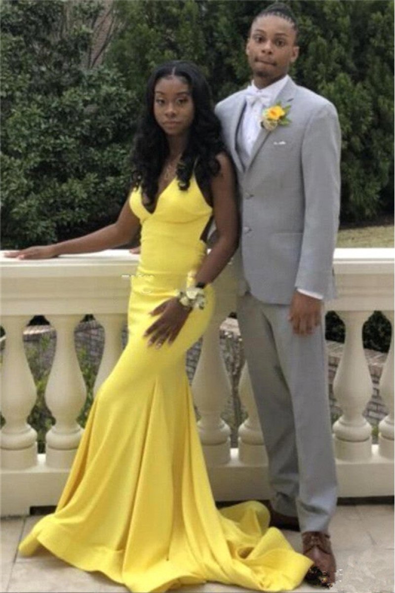 Simple Yellow Open Back V-Neck Mermaid Prom Dresses