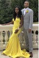 Simple Yellow Open Back V-Neck Mermaid Prom Dresses