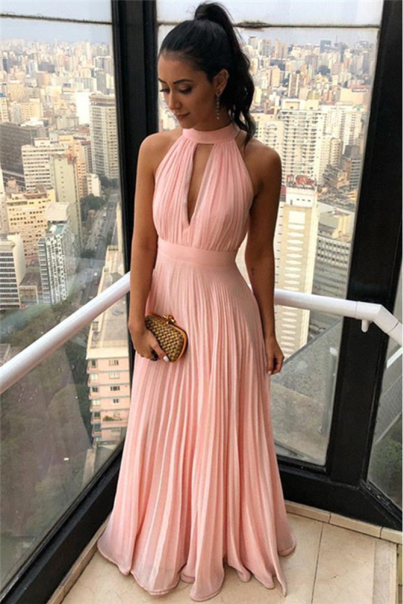 Elegant Pink High Neck Chiffon Sleeveless Simple Evening Dresses