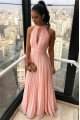 Elegant Pink High Neck Chiffon Sleeveless Simple Evening Dresses