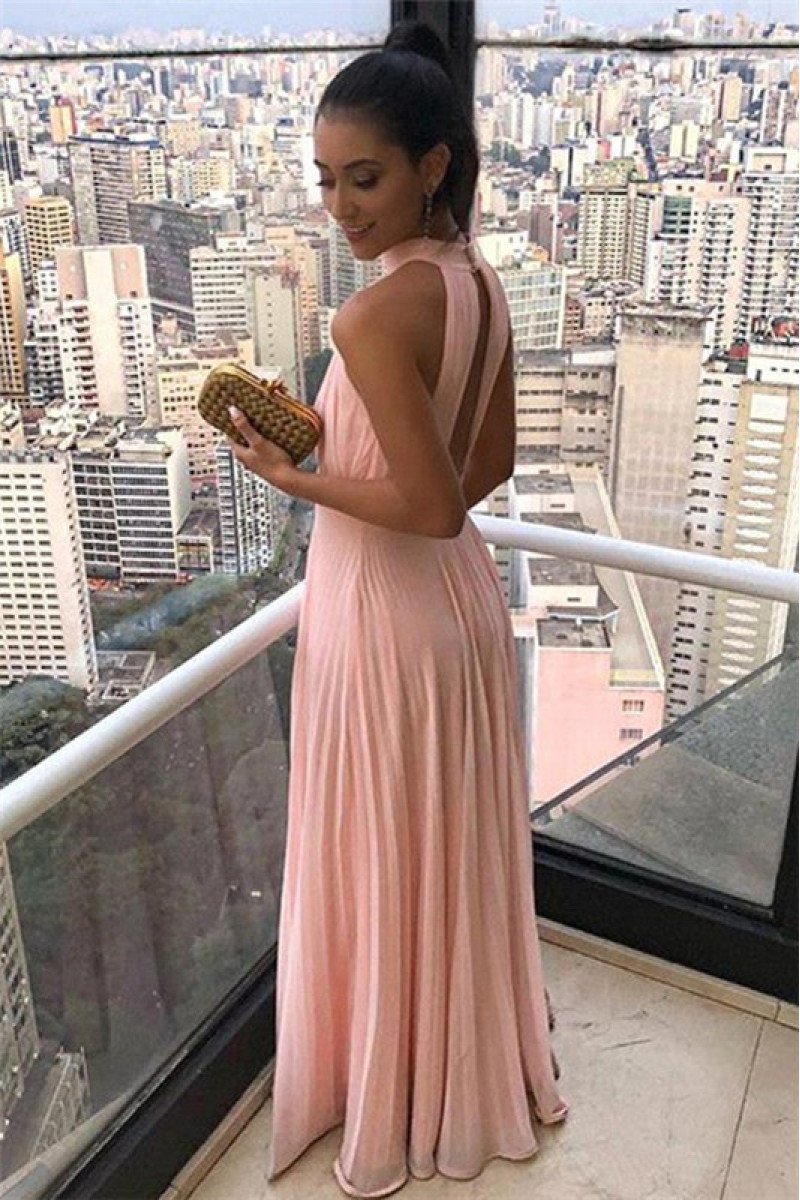 Elegant Pink High Neck Chiffon Sleeveless Simple Evening Dresses