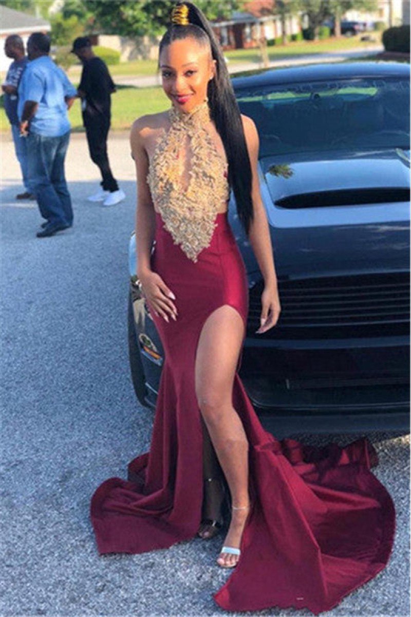 Cool Burgundy High Neck Appliques Side Slit Prom Dresses With Keyhole