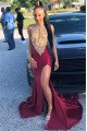 Cool Burgundy High Neck Appliques Side Slit Prom Dresses With Keyhole