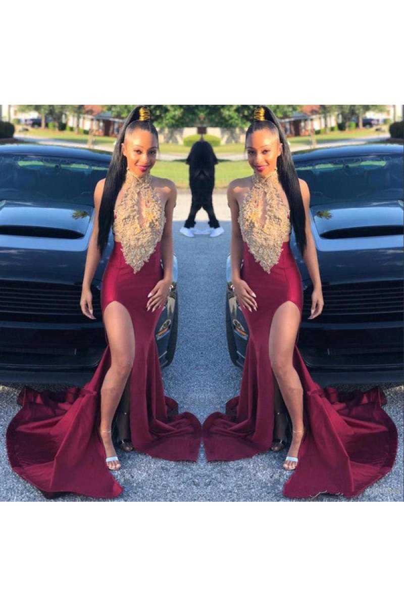 Cool Burgundy High Neck Appliques Side Slit Prom Dresses With Keyhole