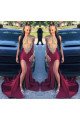 Cool Burgundy High Neck Appliques Side Slit Prom Dresses With Keyhole