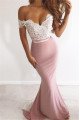 Sexy Pink Off Shoulder Sheath Prom Dresses with White Appliques