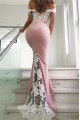 Sexy Pink Off Shoulder Sheath Prom Dresses with White Appliques