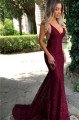 New Arrival Burgundy Lace Spaghetti Straps Backless Prom Dresses