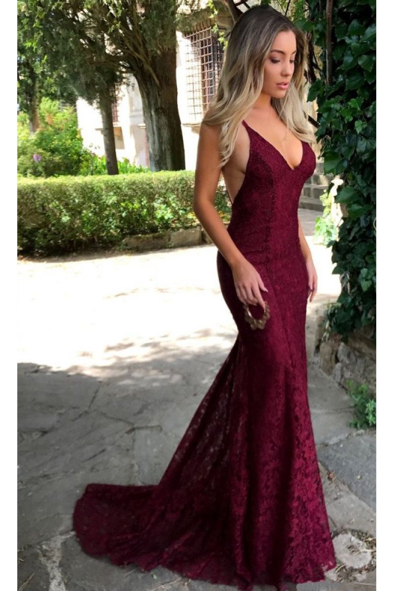 New Arrival Burgundy Lace Spaghetti Straps Backless Prom Dresses