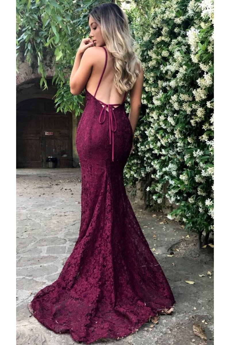 New Arrival Burgundy Lace Spaghetti Straps Backless Prom Dresses