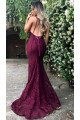 New Arrival Burgundy Lace Spaghetti Straps Backless Prom Dresses