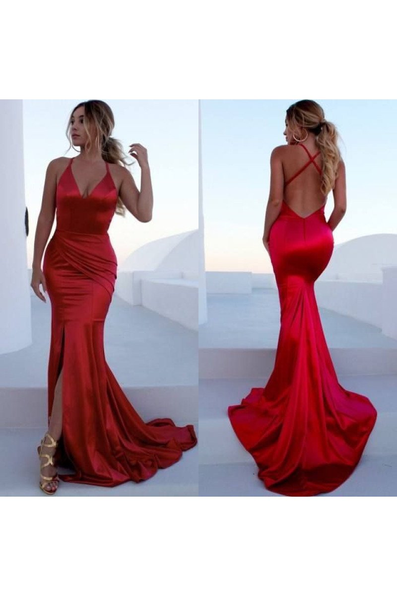 Sexy Red Ruffles Halter Backless Sheath Prom Dresses