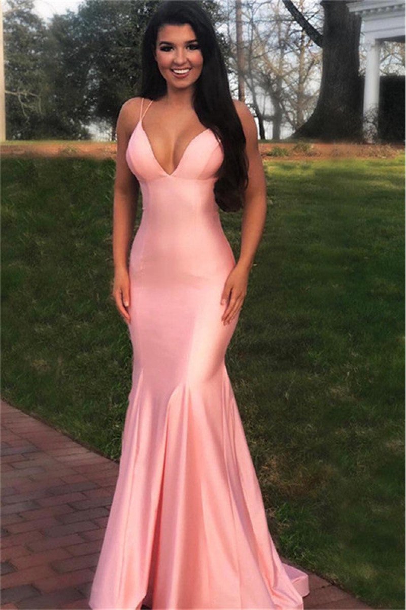 Sexy Pink Spaghetti Straps Open Back Sheath Prom Dresses