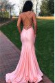 Sexy Pink Spaghetti Straps Open Back Sheath Prom Dresses