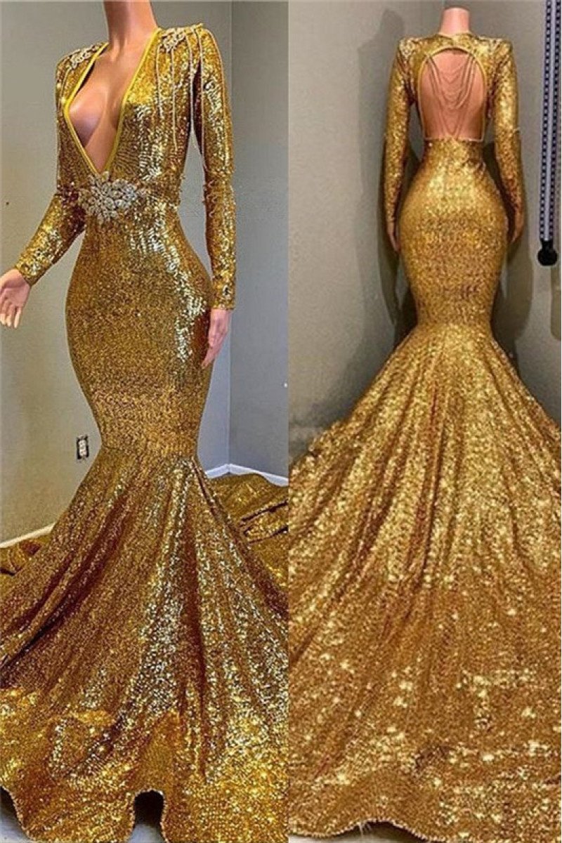 Gorgeous Gold Sequins Long Sleeves Deep V-Neck Prom Dresses with Beading