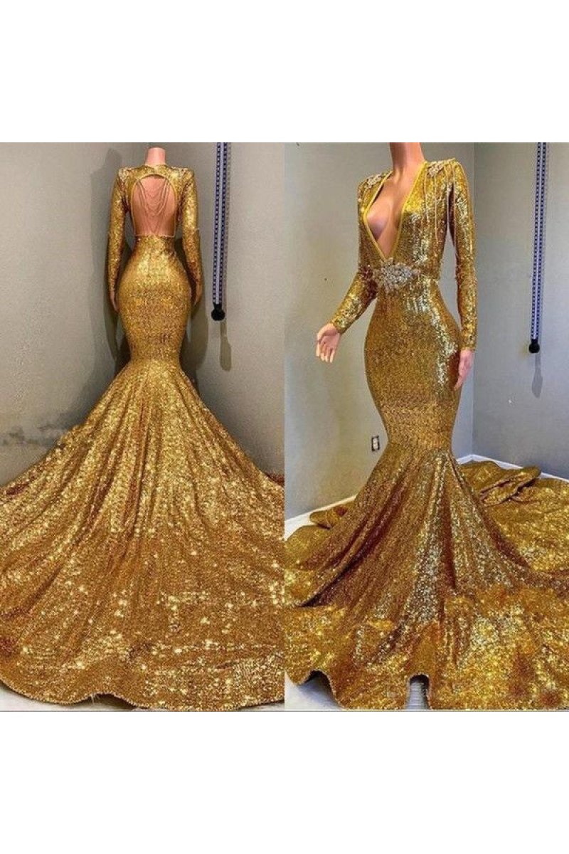 Gorgeous Gold Sequins Long Sleeves Deep V-Neck Prom Dresses with Beading