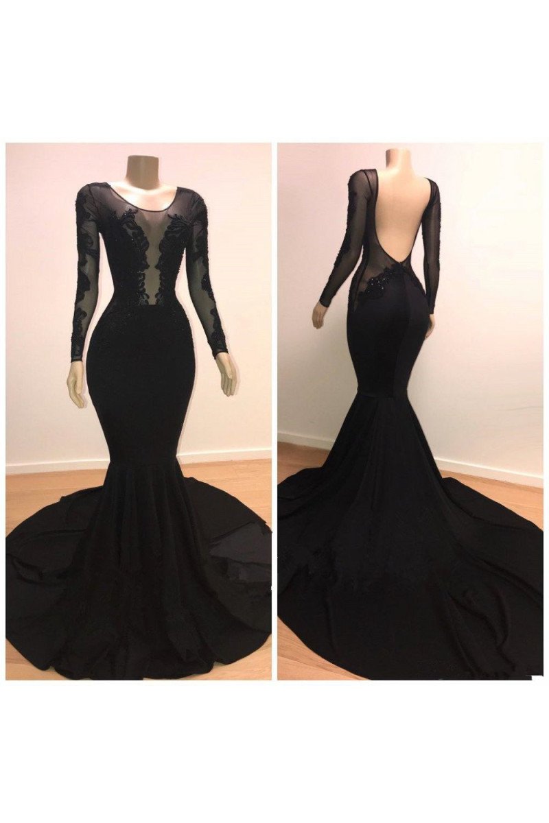 Modern Black Long Sleeves Appliques Backless Prom Dresses