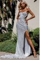 Bling Silver Sequins Sweetheart Open Back Side Slit Sheath Prom Dresses