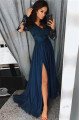 Dark Navy V-Neck Long Sleeves Appliques Side Slit A-line Evening Dresses