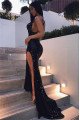 Sexy Black Sequins Spaghetti Straps Open Back Prom Dresses