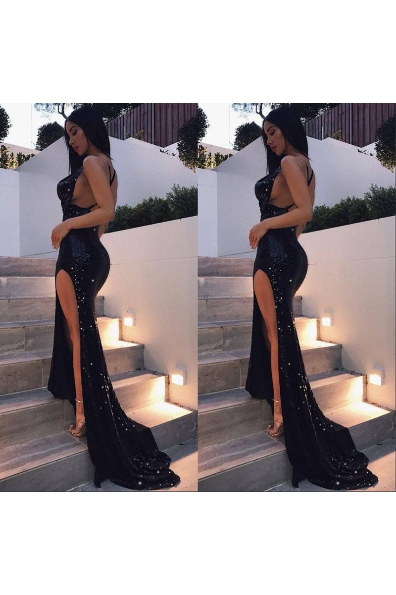 Sexy Black Sequins Spaghetti Straps Open Back Prom Dresses