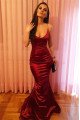 Simple Burgundy Stretch Satin Spaghetti Straps Mermaid Prom Dresses