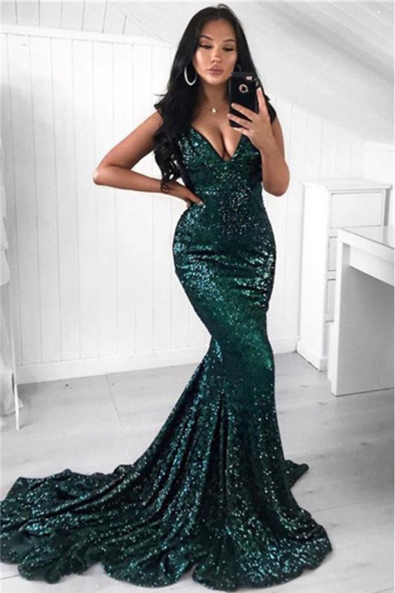 Dark Green Sequins V-Neck Sleeveless Sexy Mermaid Prom Dresses