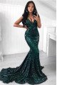 Dark Green Sequins V-Neck Sleeveless Sexy Mermaid Prom Dresses