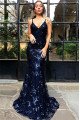 Dark Blue Modern Appliques Spaghetti Straps Sleeveless Sheath Prom Dresses with Appliques