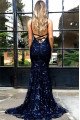 Dark Blue Modern Appliques Spaghetti Straps Sleeveless Sheath Prom Dresses with Appliques