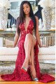 Sexy Red V-neck Lace Sleeveless High Side Slit Sheath Prom Dresses