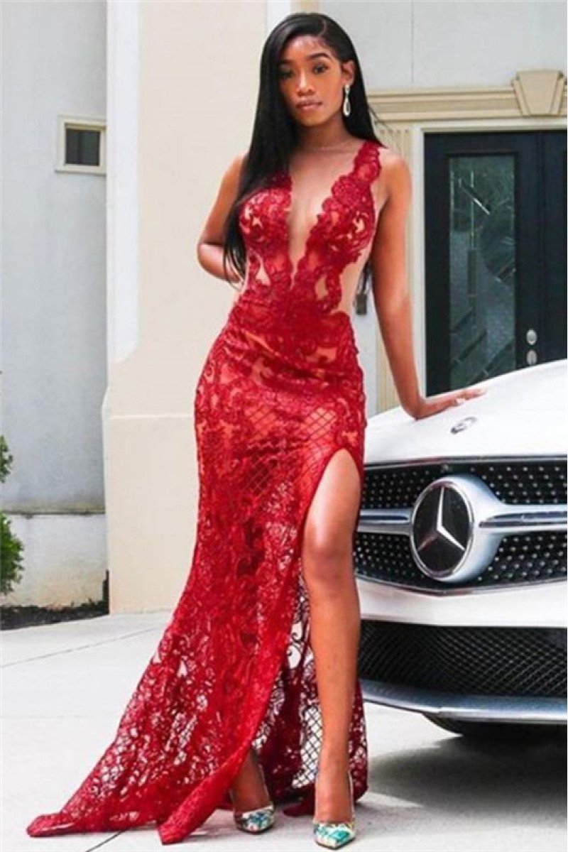 Sexy Red V-neck Lace Sleeveless High Side Slit Sheath Prom Dresses