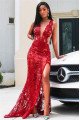 Sexy Red V-neck Lace Sleeveless High Side Slit Sheath Prom Dresses