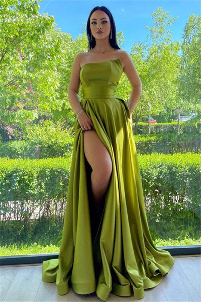 Glamorous Green Strapless A-Line Side Slit Long Evening Dresses