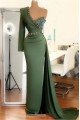 Fashion Green One Shoulder Sheath High Split Prom Dresses with Crystal