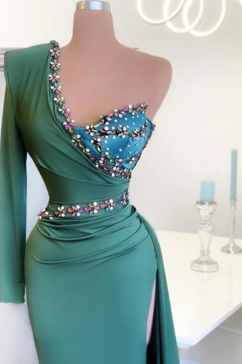 Fashion Green One Shoulder Sheath High Split Prom Dresses with Crystal