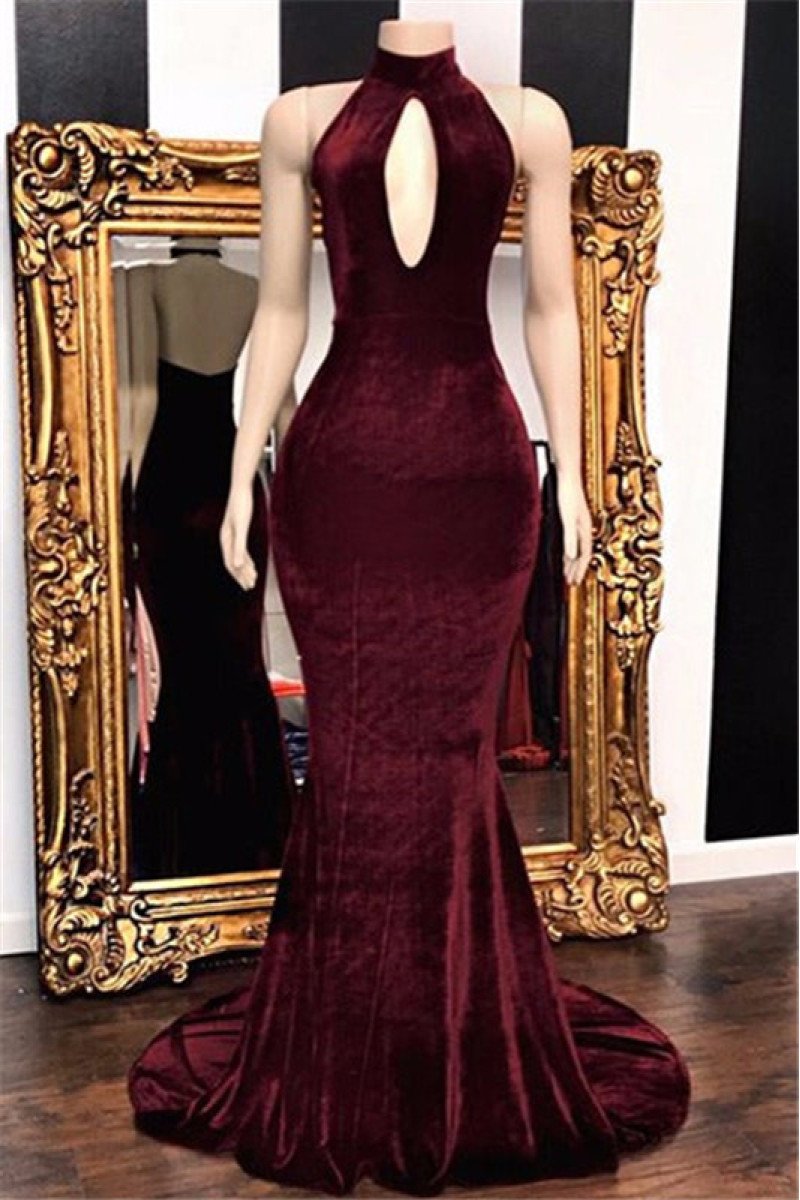 Burgundy High Neck Velvet Sleeveless Mermaid Prom Dresses with Keyhole