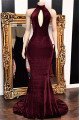 Burgundy High Neck Velvet Sleeveless Mermaid Prom Dresses with Keyhole