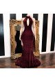 Burgundy High Neck Velvet Sleeveless Mermaid Prom Dresses with Keyhole