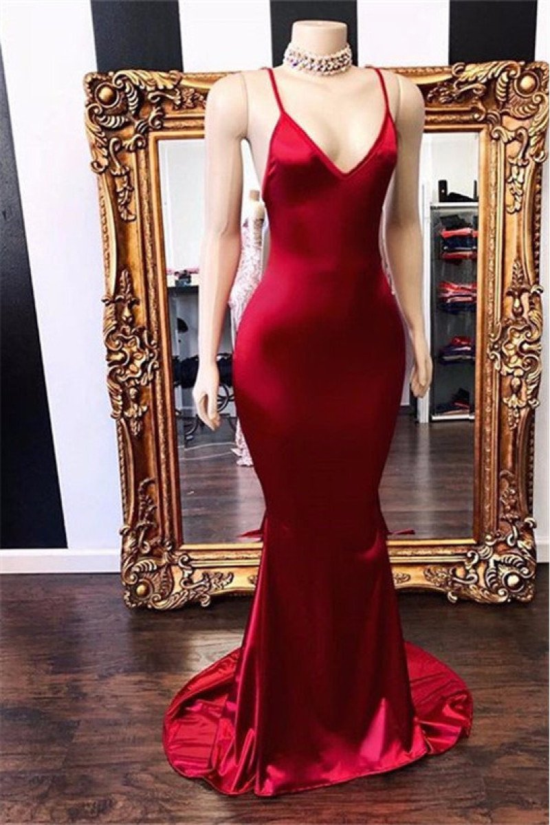 Simple Red Open Back Spaghetti Straps Sheath Prom Dresses