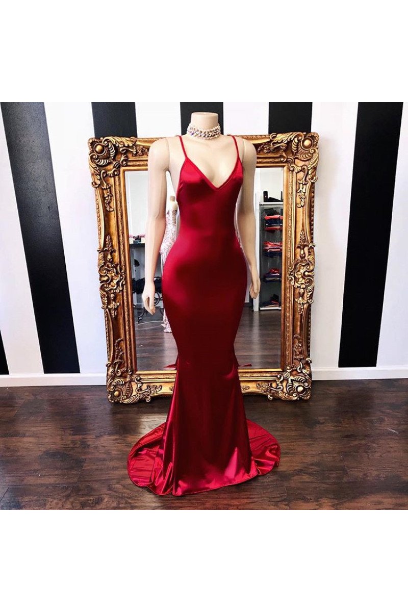 Simple Red Open Back Spaghetti Straps Sheath Prom Dresses