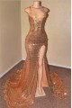 Gold Sequins Spaghetti Straps Side Slit Prom Dresses with Appliques