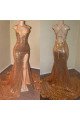 Gold Sequins Spaghetti Straps Side Slit Prom Dresses with Appliques