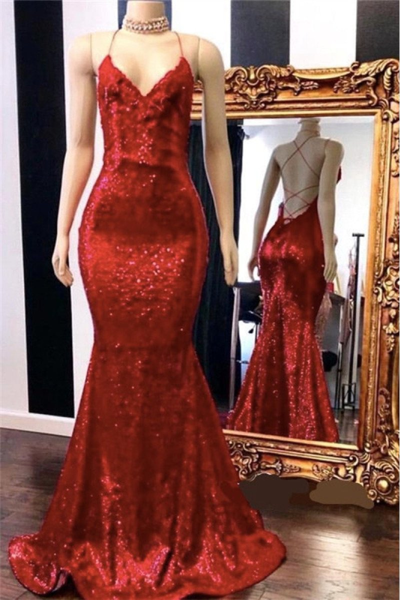 Sexy Red Open Back Halter Sequins Prom Dresses with Appliques