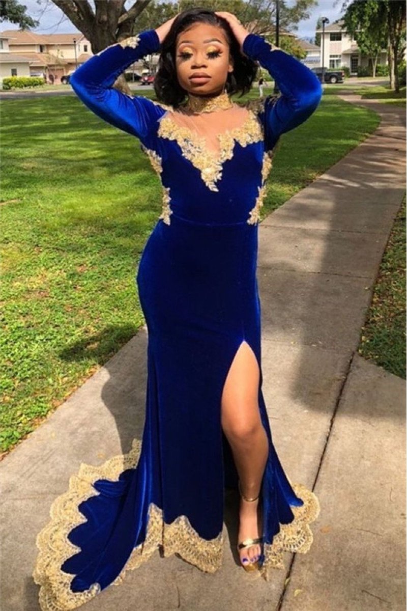 Dark Blue High Neck Velvet Long Sleeves Appliques Prom Dresses