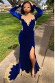 Dark Blue High Neck Velvet Long Sleeves Appliques Prom Dresses