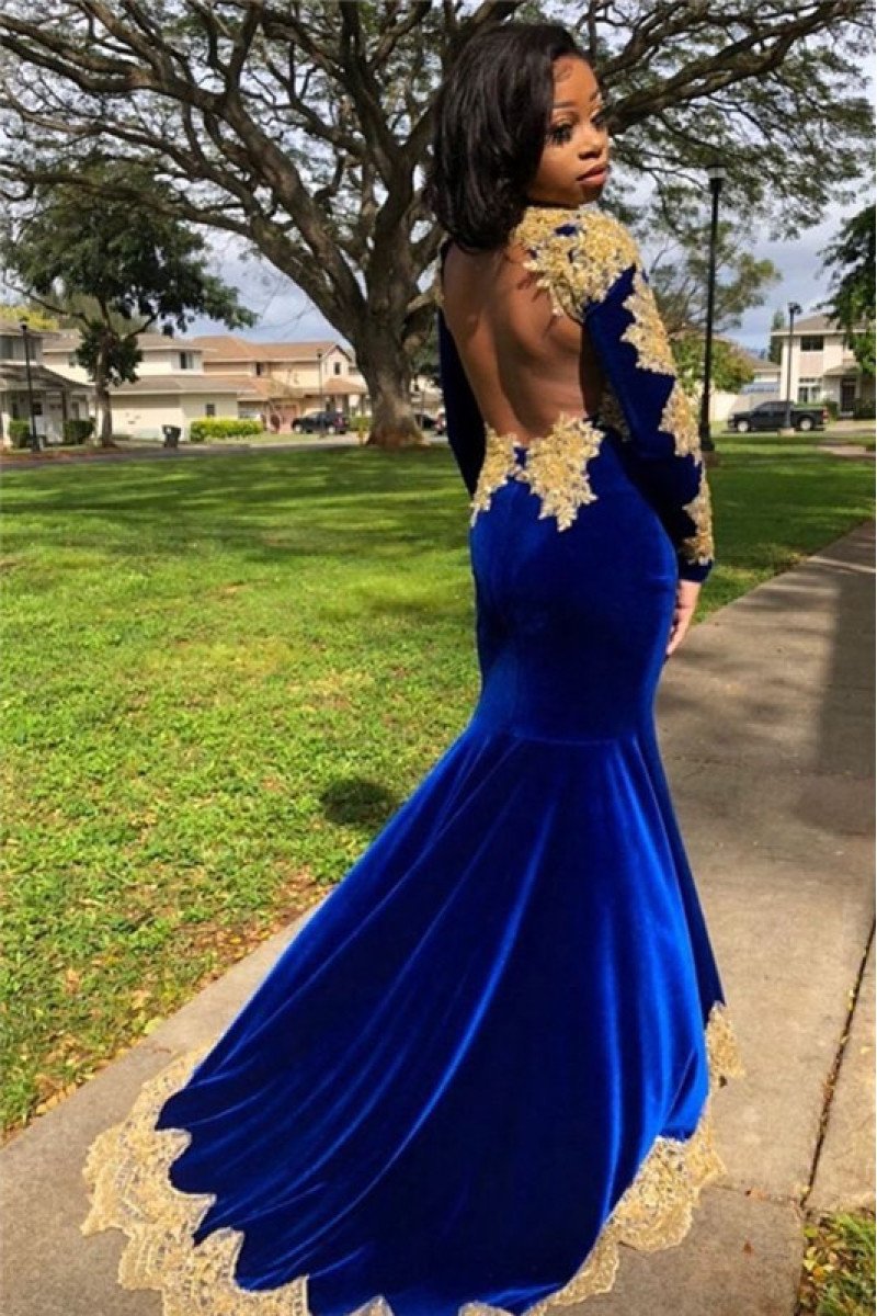 Dark Blue High Neck Velvet Long Sleeves Appliques Prom Dresses