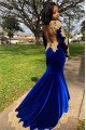 Dark Blue High Neck Velvet Long Sleeves Appliques Prom Dresses